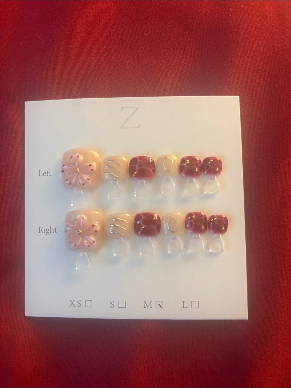 Pink Floral & Burgundy Accent Toe Nail Set
